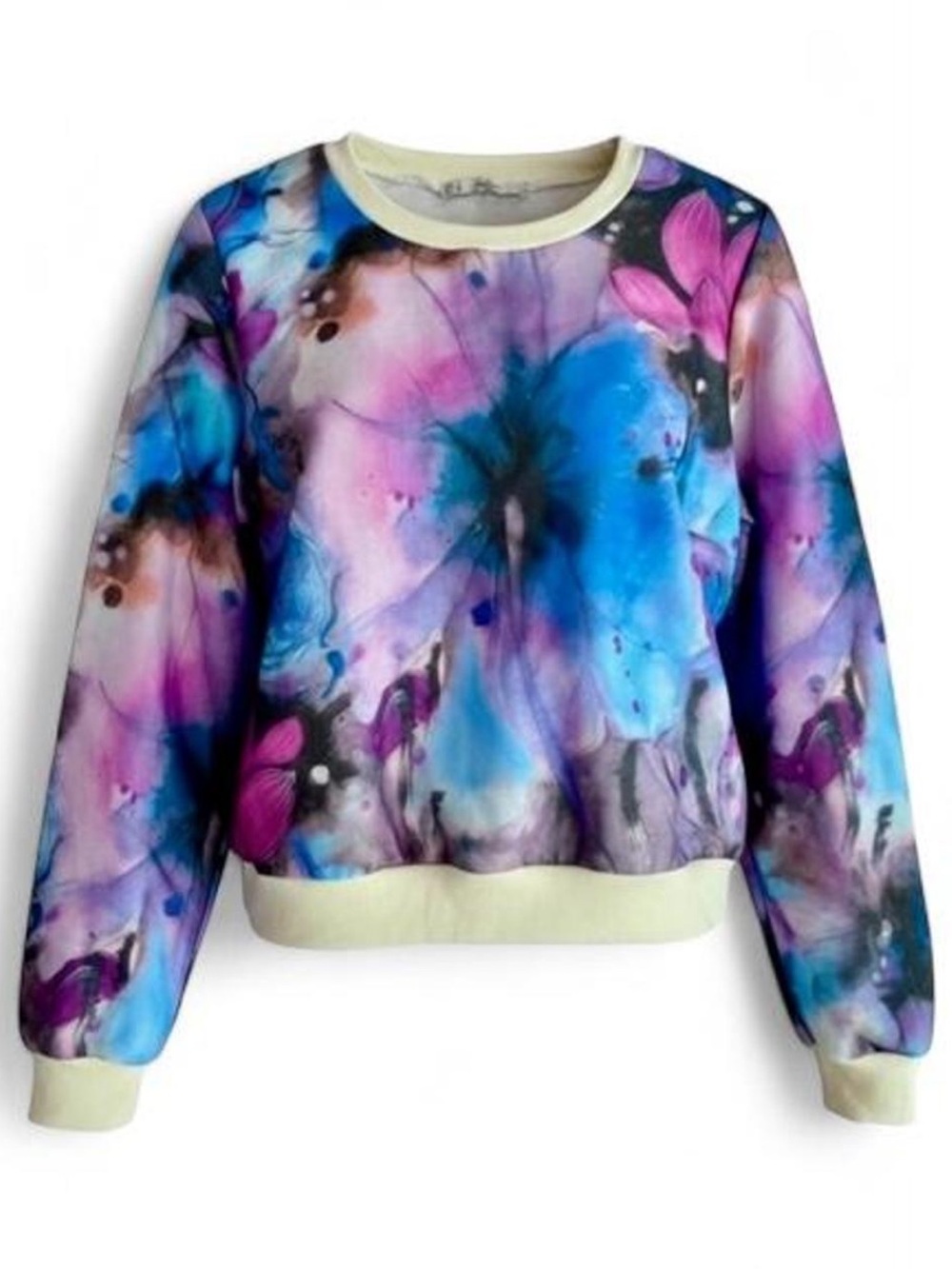 Watercolor Botanical Tulle Overlay Crewneck Top Art-to-Wear Fantasy NWOT